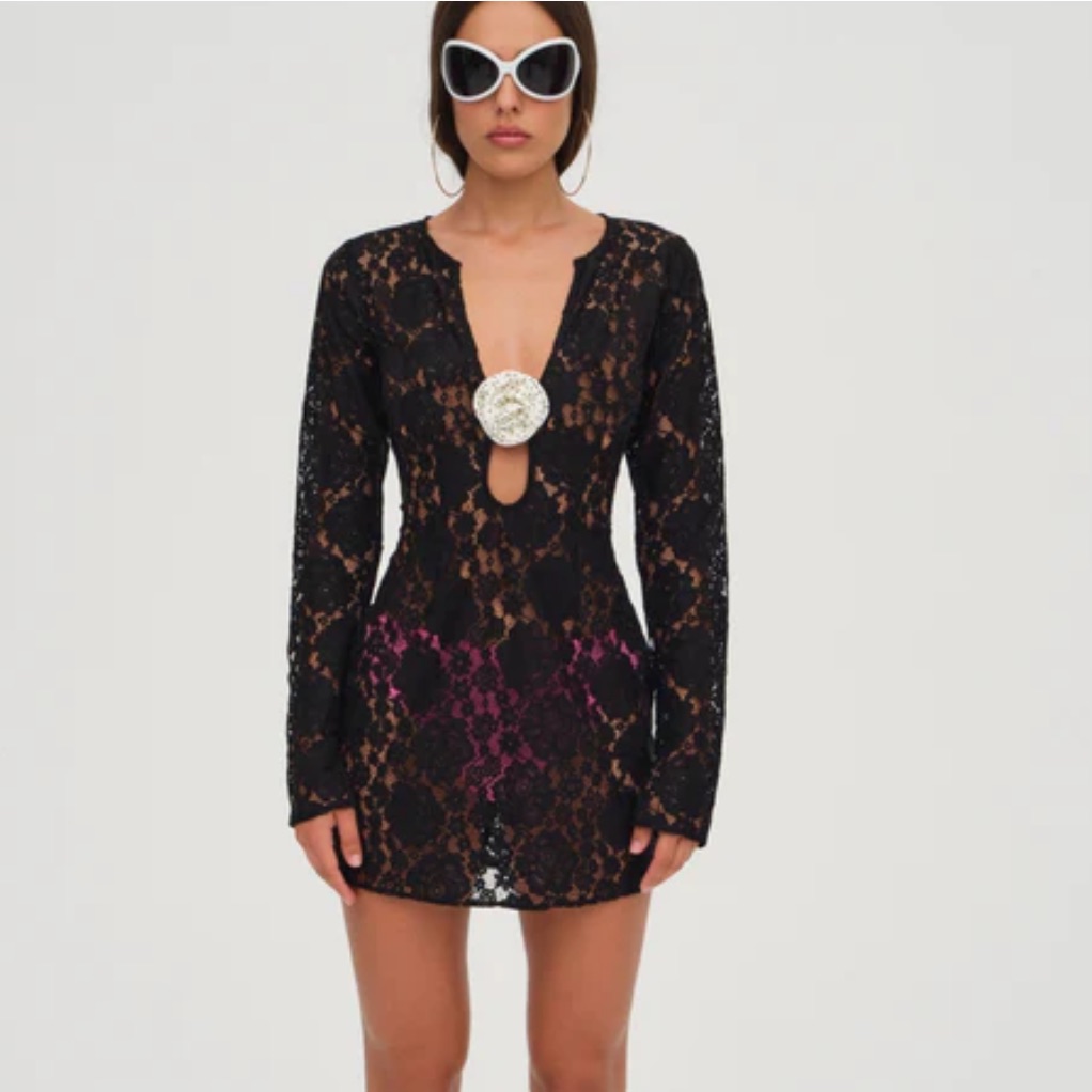 Nwt For Love And Lemons Lace Bergett Dress Mini Black Size Large